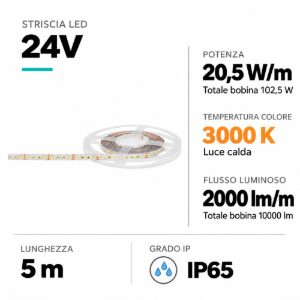 Striscia led per esterno 24v 20,5w-mt 3000k ip65 bobina 5mt