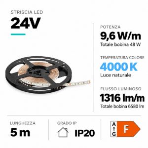 Striscia bobina 5 metri led 9,6w-mt 4000k 24vdc gea luce