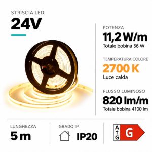 Striscia led cob per interni 2700k 11,2w-mt 24vdc cri90 bobina 5mt