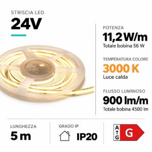 Striscia led cob per interni 3000k 11,2w-mt 24vdc bobina 5mt cri90