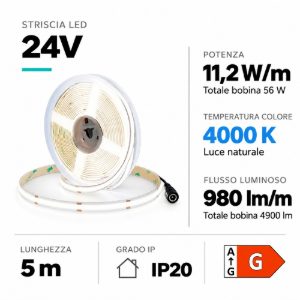 Strip led cob per interni 11,2w-mt 4000k 24vdc bobina 5mt cri90