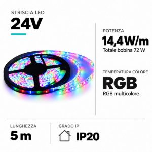 Bobina 5mt strip led per interni rgb 24vdc 14,4w-mt cri85