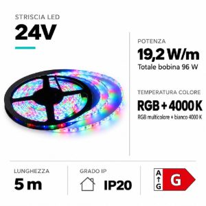 Striscia led per interni rgb+white 4000k bobina 5mt 24vdc 19,2w cri85