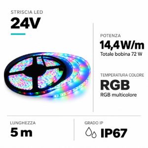 Striscia led rgb per esterno bobina 5 mt 14,4w-mt ip67 24vdc cri85