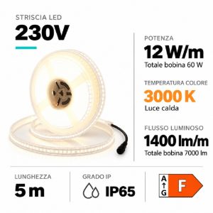 Strip led per esterni 230vac 12w-mt 3000k bobina 5mt cri80 ip65
