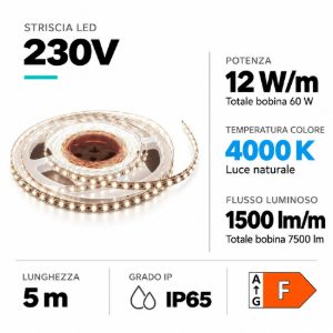 Striscia led 230vac 12w-mt 4000k bobina 5mt ip65 cri80