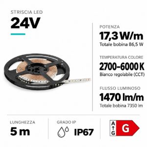 Striscia led 24vdc cct da 2700k a 6000k 17,3w-mt ip65 da esterno