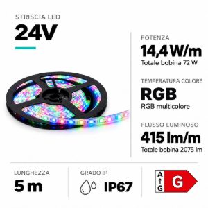Striscia gea luce rgb per esterni ip67 bobina 5 mt led 14,4w mt 24v