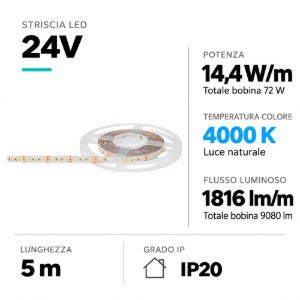 Gea luce bobina 5mt striscia led per interni 14,4w-m 24v dc 4000k gea luce