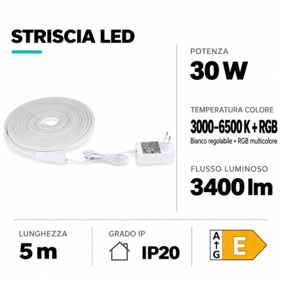 Eglo neon stripe z striscia led per soggiorno bianco dimmerabile 5mt 30w rgb 3000k 6500k