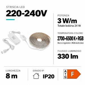 Bobina striscia led per interni 24w rgb 8mt 24v 3wmt cct da 2700k a 6500k eglo
