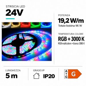 Striscia led per interni 24vdc rgb+white 3000k 19,2w-mt bobina 5mt cri85
