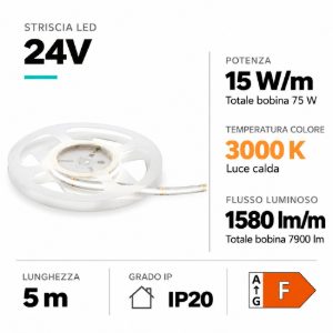 Bobina 5 mt striscia led cob per interni 24v dc 3000k 15w-mt gea luce