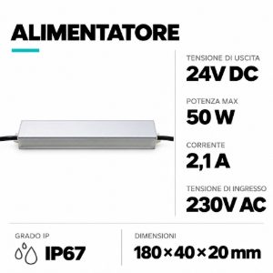 Accessori per strisce led life alimentatore switc. case ip67 slim 24v 2,1a 50w input 230 vac