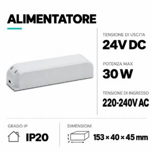 Alimentatore ts202 tensione continua 24v ip20 per strisce led 220-240v/50-60hz 24v max 30w