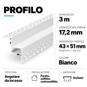 Profilo da incasso angolare 3mt per strisce led max 17mm ideal lux