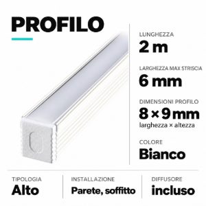 Profilo alto 2mt per strisce led max 6mm bianco con diffusore ideal lux