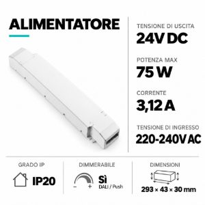 Trasformatore dimmerabile led 75w 24vdc dali push 220-240vac 3,12 a gea luce