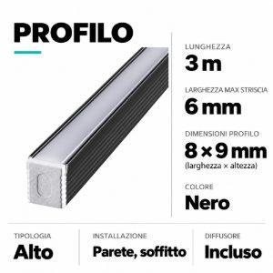 Profilo alto 3mt nero per strip led max 6mm ideal lux