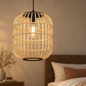 Eglo bordesley lampadario moderno per ingresso cilindro nero legno a sospensione
