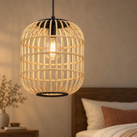 Eglo bordesley lampadario moderno per ingresso cilindro nero legno a sospensione