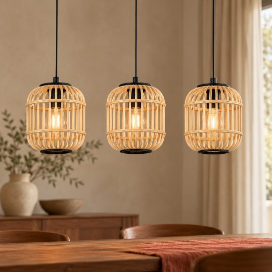 Eglo bordesley lampadario per cucina moderno nero legno a sospensione 3 luci