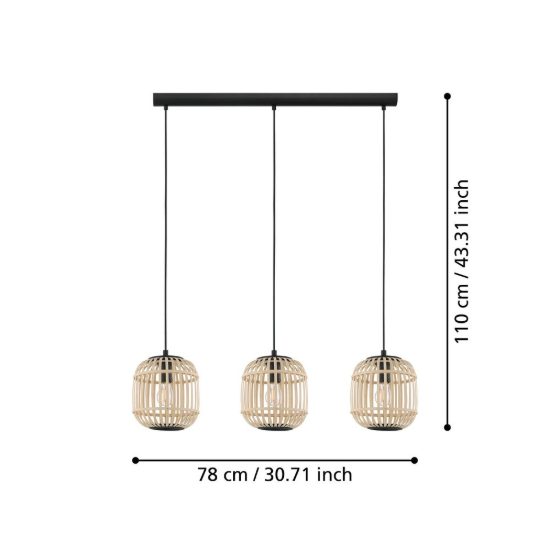 Eglo bordesley lampadario per cucina moderno nero legno a sospensione 3 luci