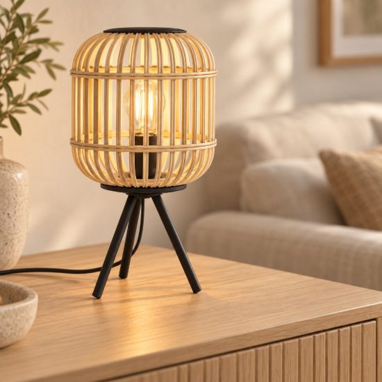 Eglo bordesley lampada moderna per soggiorno cilindrica nera legno da tavolo