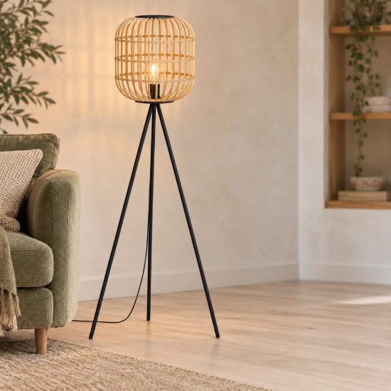 Eglo bordesley piantana per camera da letto moderna cilindro nera legno