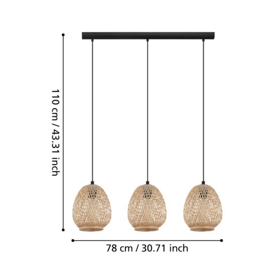 Eglo dembleby lampadario rustico per cucina nero legno a sospensione 3 luci