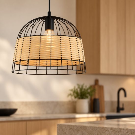 Eglo anwick lampadario rustico per cucina cupola nero rattan a sospensione