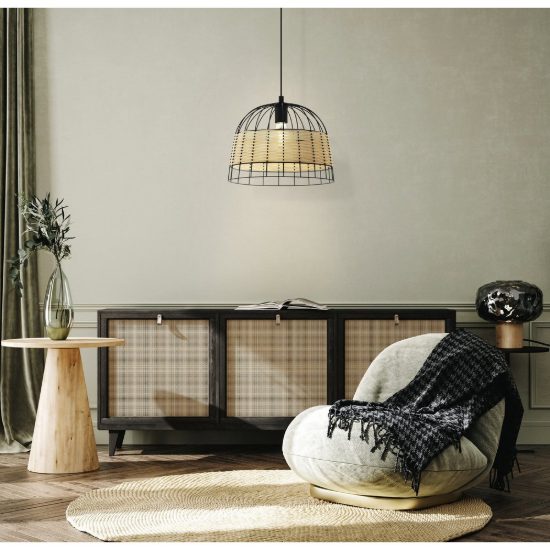 Eglo anwick lampadario rustico per cucina cupola nero rattan a sospensione