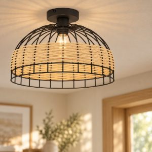 Eglo anwick plafoniera rustica cupola nera rattan 38cm per soggiorno