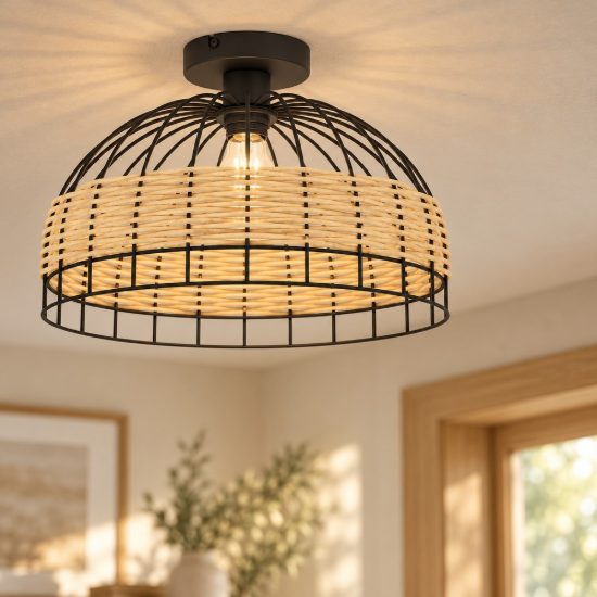 Eglo anwick plafoniera rustica cupola nera rattan 38cm per soggiorno