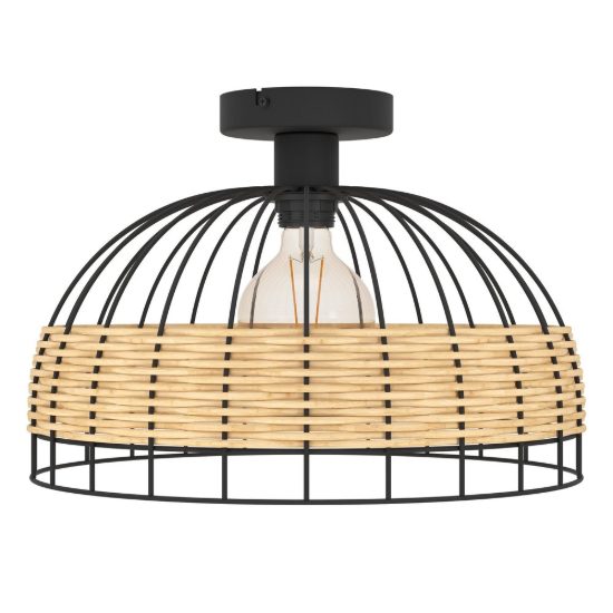 Eglo anwick plafoniera rustica cupola nera rattan 38cm per soggiorno