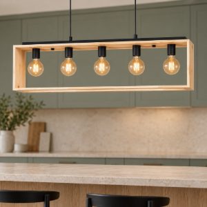 Eglo famborough lampadario a sospensione nero naturale per sala da pranzo 5 luci