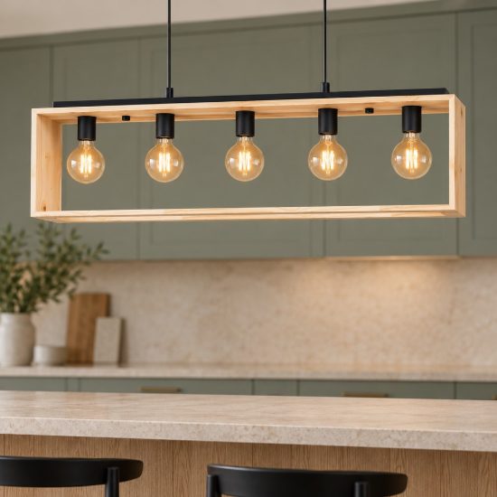 Eglo famborough lampadario a sospensione nero naturale per sala da pranzo 5 luci