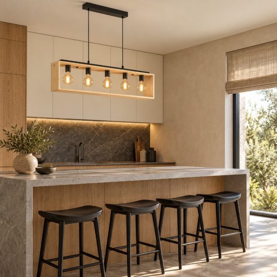 Eglo famborough lampadario a sospensione nero naturale per sala da pranzo 5 luci
