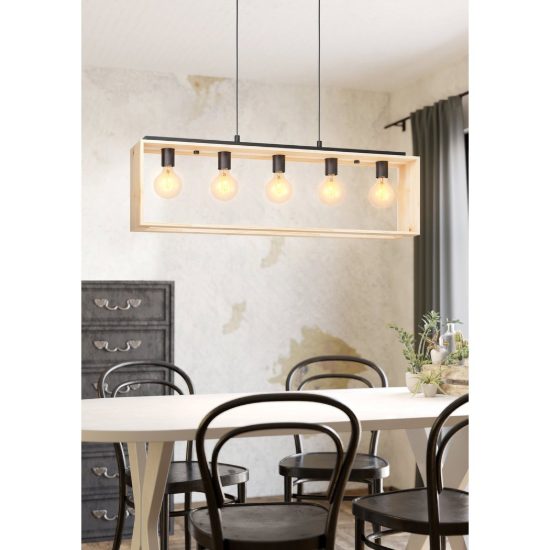 Eglo famborough lampadario a sospensione nero naturale per sala da pranzo 5 luci