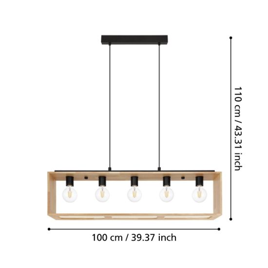 Eglo famborough lampadario a sospensione nero naturale per sala da pranzo 5 luci