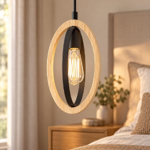 Eglo basildon lampada a sospensione per cucina moderna ovale nero marrone legno