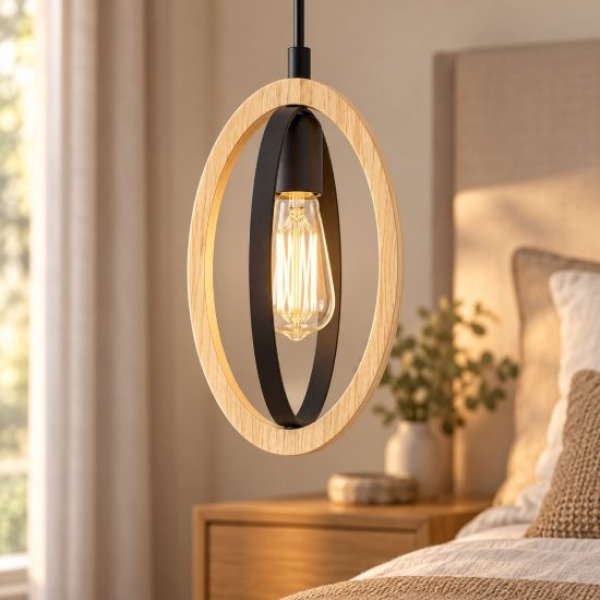 Eglo basildon lampada a sospensione per cucina moderna ovale nero marrone legno