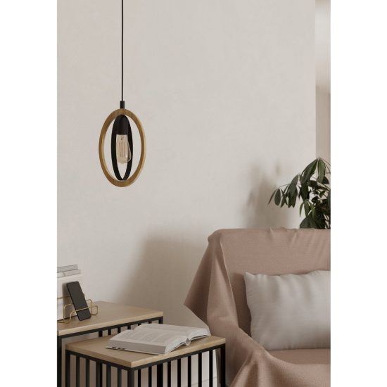 Eglo basildon lampada a sospensione per cucina moderna ovale nero marrone legno