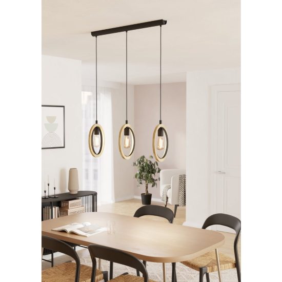 Eglo basildon lampadario a sospensione per cucina nero e marrone 3 luci