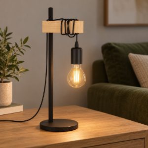 Eglo townshend lampada da tavolo industriale nero marrone legno per soggiorno