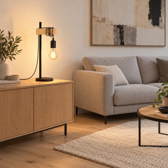 Eglo townshend lampada da tavolo industriale nero marrone legno per soggiorno