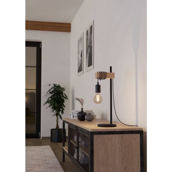 Eglo townshend lampada da tavolo industriale nero marrone legno per soggiorno