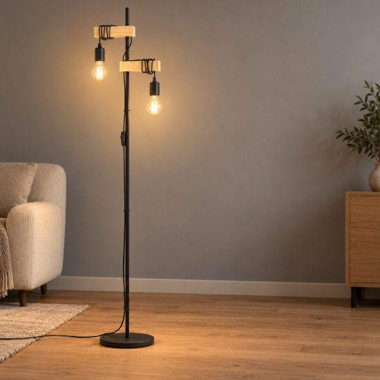 Eglo townshend piantana industriale nero e marrone legno per soggiorno