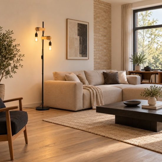 Eglo townshend piantana industriale nero e marrone legno per soggiorno