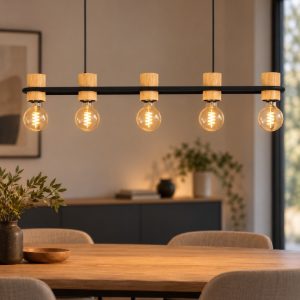 Eglo chieveley lampadario industriale per cucina nero legno a sospensione 5 luci